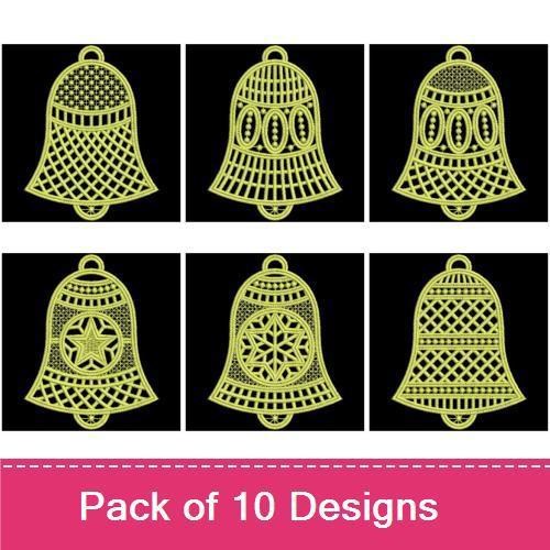 FSL Elegant Lace Bells Embroidery Bundle – Lace Bell with Star, Snowflakes, Floral Design & More (10 Designs)