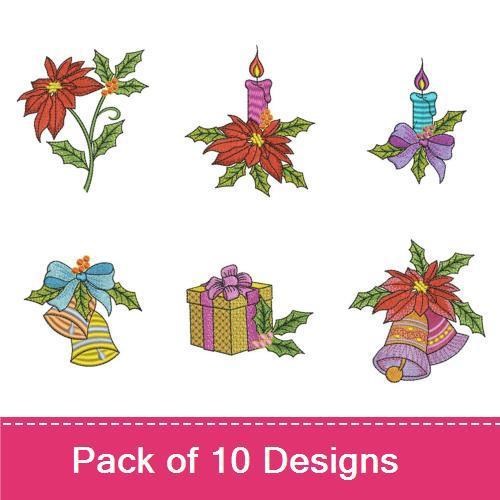 Festive Holiday Designs Embroidery Bundle – Candle with Poinsettia, Gift Box, Christmas Wreath & More (10 Designs)