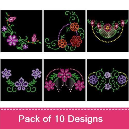 Floral Embroidery Designs Bundle – Ornamental Floral Corner, Floral Pendant, Three Flower Cluster & More (10 Designs)