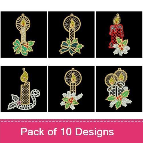 FSL Festive Candle Embroidery Designs Bundle – Candle with Flame, Candle with Holly, & More (10 Designs)