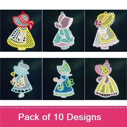 FSL Vintage Sunbonnet Girls Embroidery Designs Bundle – Red Hat, Pink Hat, Blue Dress & More (10 Designs)