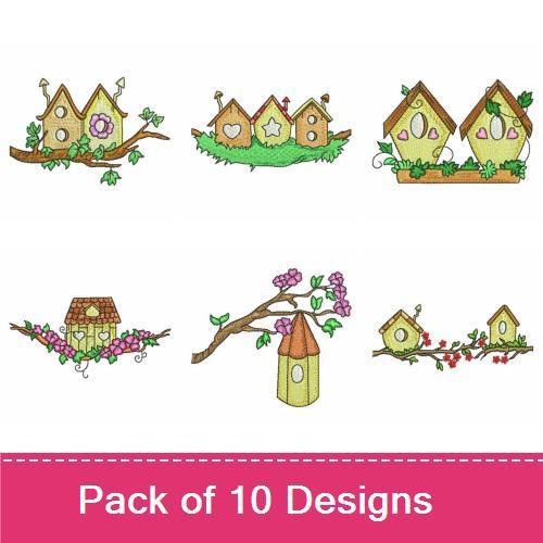 Charming Birdhouses Embroidery Bundle – Birdhouse with Flowers, Red Roof Birdhouse, Nest with Eggs & More (10 Designs)