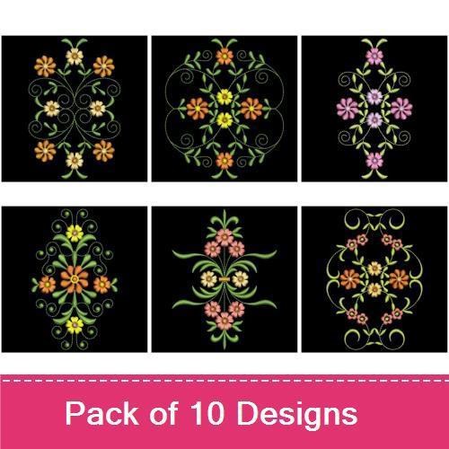 Floral Embroidery Designs Bundle – Elegant Floral Frame, Ornate Floral Centerpiece, Decorative Flower Panel & More (10 Designs)