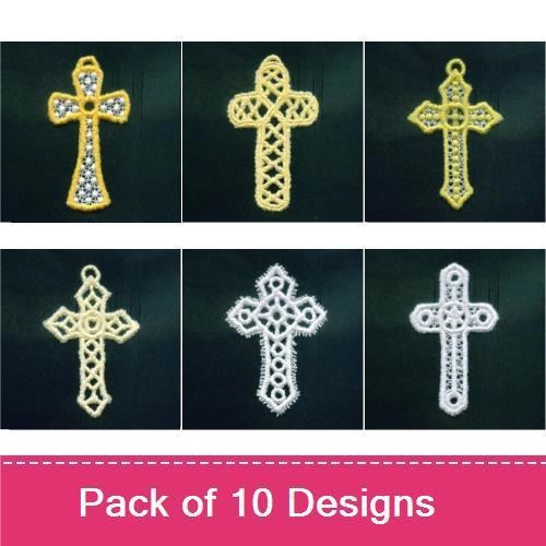 FSL Lace Cross Embroidery Designs Bundle – Yellow Outline, Silver Detail, Beads & More (10 Designs)