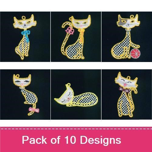 FSL Charming Cat Embroidery Bundle – Cat with Bow, Cat with Ball, Sitting Cat & More (10 Designs)
