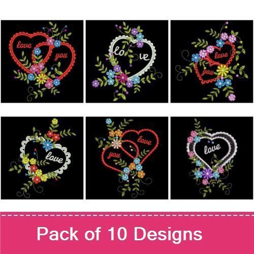 Floral Hearts Embroidery Designs Bundle – Red Heart with Flowers, Black Heart with Floral Arrangement & More (10 Designs)