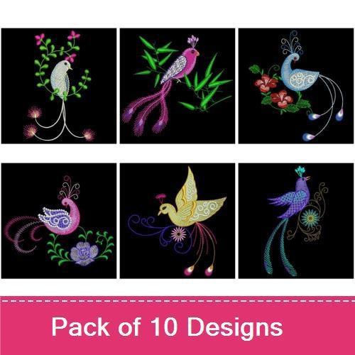 Elegant Birds Embroidery Designs Bundle – Peacock with Flowers, Colorful Bird with Floral Accents & More (10 Designs)