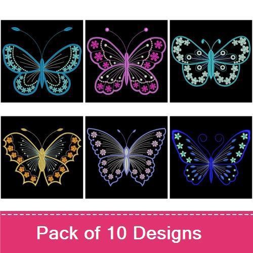 Elegant Neon Butterflies Embroidery Designs Bundle – Blue Neon Butterfly, Pink Neon Butterfly, Glitter Neon Butterfly & More (10 Designs)