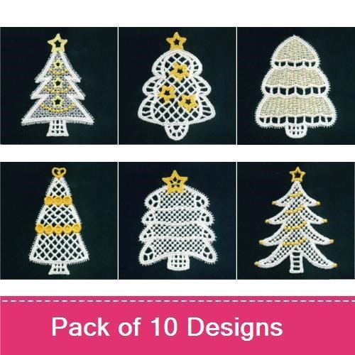 FSL Elegant Christmas Trees Embroidery Designs Bundle – Lace Christmas Tree with Stars, Gold Star Ornament & More (10 Designs)