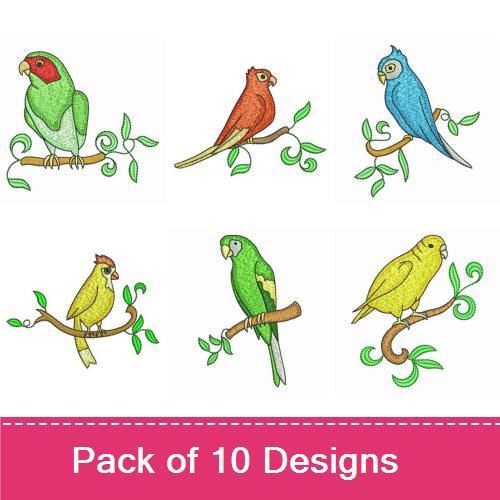 Colorful Birds Embroidery Designs Bundle – Green Parrot, Red Bird, Blue Bird & More (10 Designs)