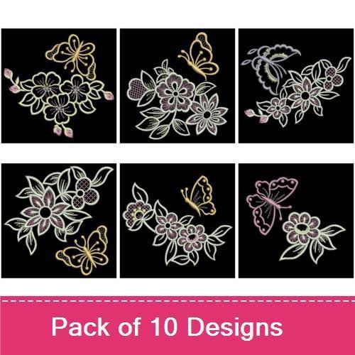 Butterflies & Floral Elements Embroidery Designs Bundle – Elegant Butterfly with Flowers, Floral Bouquet, Single Flower & More (10 Designs)