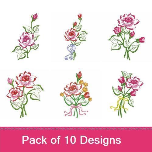 Floral Rose Bouquet Embroidery Designs Bundle – Rose with Green Leaves, Pink Rose with Bow & More (10 Designs)