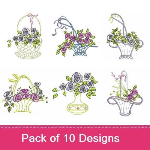 Floral Baskets Embroidery Bundle – Floral Basket with Roses, Bouquet in Basket, Rose Basket with Ribbon & More (10 Designs)