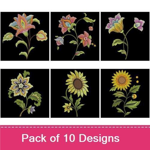 Elegant Floral Embroidery Bundle – Colorful Flower Arrangement, Rose with Leaves, Single Floral Bloom & More (10 Designs)