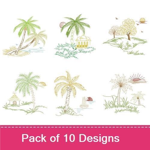 Tropical Nature Embroidery Designs Bundle – Palm Tree, Beach Hut, Seagull & More (10 Designs)