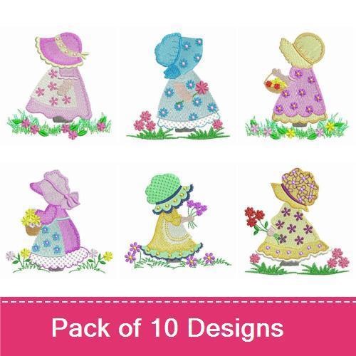 Sunbonnet Girls in Springtime Embroidery Designs Bundle – Sunbonnet Girl with Flowers, Sunbonnet Girl in Blue, & More (10 Designs)