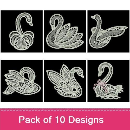 FSL Elegant Swan Embroidery Designs Bundle – Swan with Decorative Tail, Floral Lace Swan, & More (10 Designs)