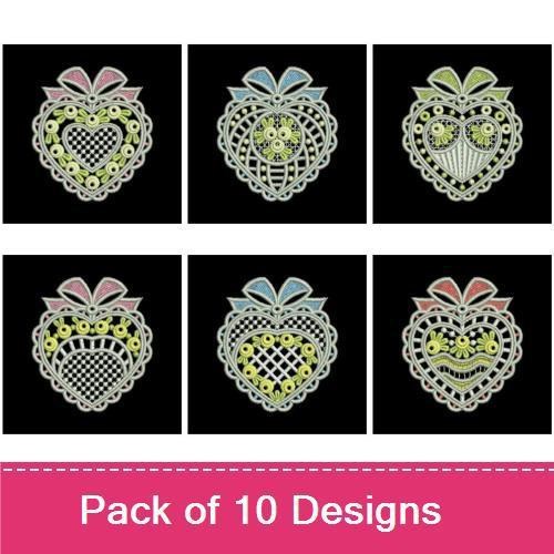 FSL Vintage Heart Lace Embroidery Designs Bundle – Lace Heart with Bow, Floral Heart Lace & More (10 Designs)