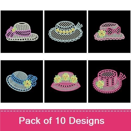 FSL Vintage Lace Hat Embroidery Designs Bundle – Hat with Bow, Hat with Flowers, Striped Hat & More (10 Designs)