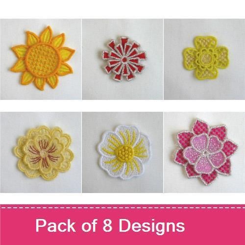 FSL Colorful Floral Embroidery Designs Bundle – Sunflower, Red Floral Mandala, Yellow Lace Flower & More (8 Designs)