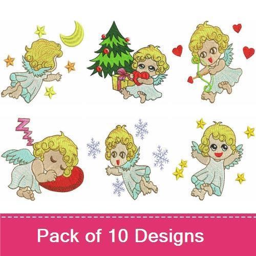 Cute Cherub Angels Embroidery Designs Bundle – Cherub Angel with Hearts, Singing, Christmas Tree & More (10 Designs)