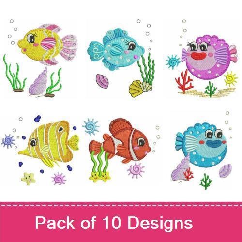 Colorful Fish & Ocean Creatures Embroidery Designs Bundle – Yellow Fish, Purple Pufferfish, Coral & More (10 Designs)