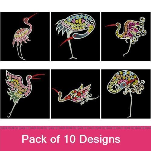 Floral Crane Embroidery Designs Bundle – Floral Crane with Flowers, Floral Crane in Flight, & More (10 Designs)