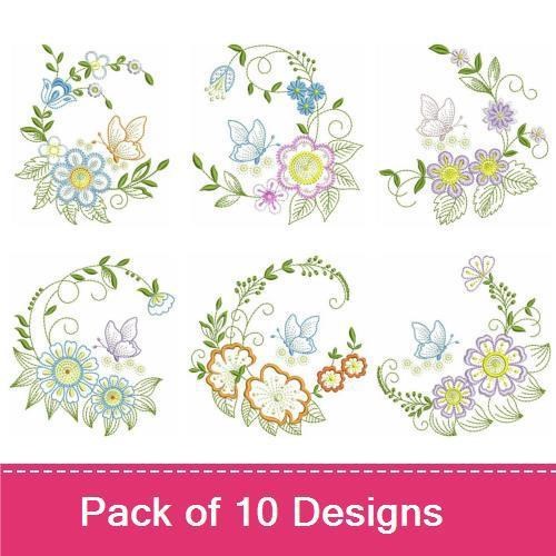 Floral Embroidery Designs Bundle – Delicate Butterfly with Flowers, Floral Wreath with Butterfly & More (10 Designs)