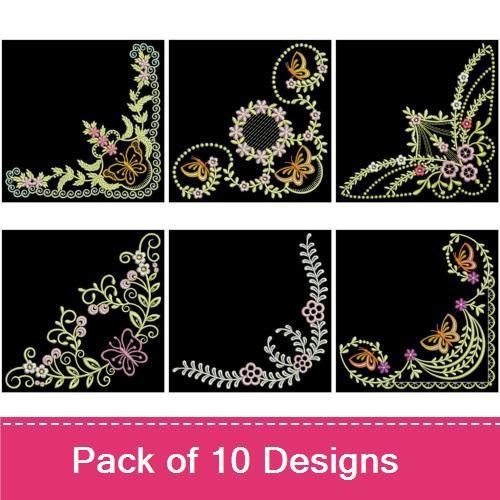 Butterfly & Floral Corner Embroidery Designs Bundle – Butterfly Floral Corner, Ornate Floral Corner & More (10 Designs)