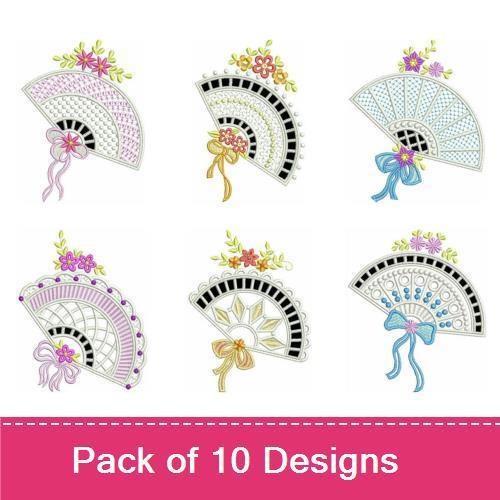 Floral Fan Embroidery Bundle – Blue Ribbon, Black Accents, Pink Ribbon & More (10 Designs)