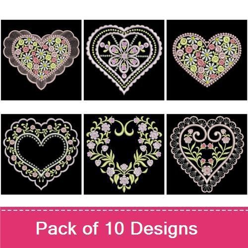 Floral Heart Embroidery Designs Bundle – Floral Heart with Flowers, Ornate Heart, Daisy Heart & More (10 Designs)