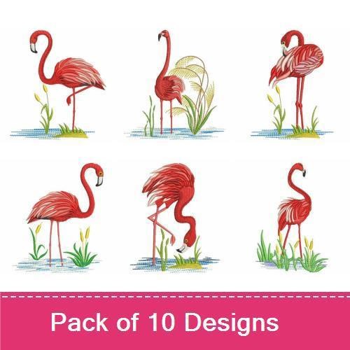 Elegant Flamingo Embroidery Designs Bundle – Standing Flamingo with Grass, Flamingo in Profile, Walking Flamingo & More (10 Designs)