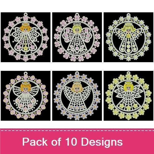 FSL Delicate Angel Ornaments Embroidery Bundle – Angel with Flowers, Gold Winged Angel, Pink Winged Angel & More (10 Designs)