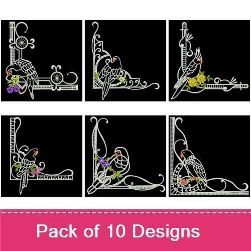 Elegant Parrot Corner Embroidery Bundle – Parrot Corner with Flowers, Parrot with Grapes Corner & More (10 Designs)