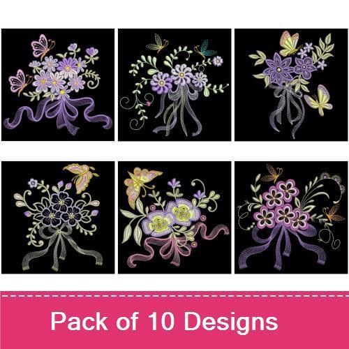 Lavender Butterfly Floral Embroidery Designs Bundle – Lavender Floral Bouquet, Butterfly on Floral Bouquet & More (10 Designs)