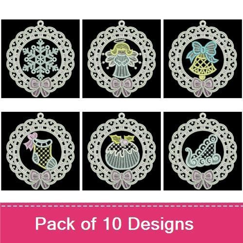 FSL Christmas Ornament Embroidery Designs Bundle – Snowflake, Bell, Christmas Tree & More (10 Designs)