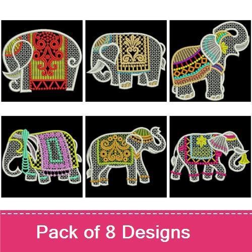 FSL Colorful Lace Elephants Embroidery Bundle – Elephant with Patterns, Geometric Designs, Floral Patterns & More (8 Designs)