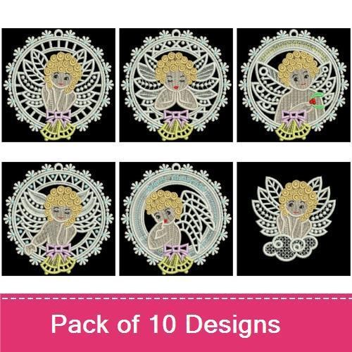 FSL Vintage Angel Embroidery Bundle – Angel with Wings, Angel Holding Heart, Lace Angel Ornament & More (10 Designs)