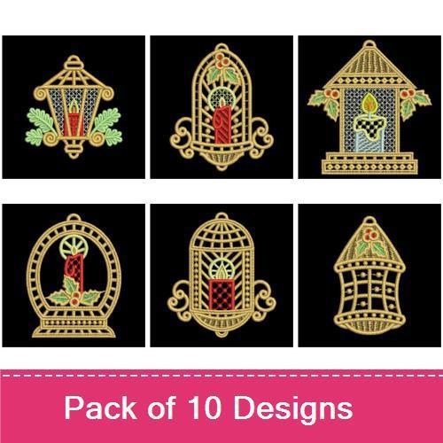 FSL Candle Lantern Embroidery Designs Bundle – Candle Lantern with Holly, Ornate Candle Lantern, & More (10 Designs)