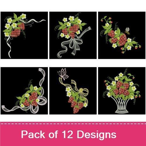 Strawberry Garden Embroidery Designs Bundle – Basket, Bouquet, Wreath & More (12 Designs)