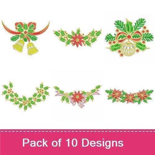 Festive Holiday Decorations Embroidery Designs Bundle – Holly and Ornament Decoration, Holiday Bow, Christmas Bells & More (10 Designs)
