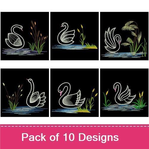 Elegant Swan Embroidery Designs Bundle – Swan with Water, Swan Relaxing, Swan and Reflection & More (10 Designs)
