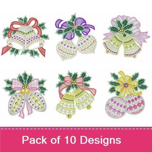 Holiday Bells Embroidery Bundle – Bell with Ribbon and Holly, Bell with Purple Bow & More (10 Designs)