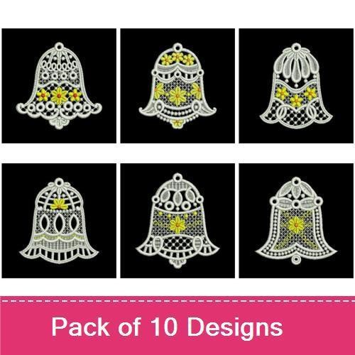 FSL Floral Bell Embroidery Designs Bundle – Floral Bell with Yellow Flowers, Ornate Floral Bell & More (10 Designs)