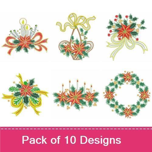 Poinsettia Holiday Embroidery Designs Bundle – Poinsettia Arrangement, Poinsettia Bow, Candles with Poinsettia & More (10 Designs)