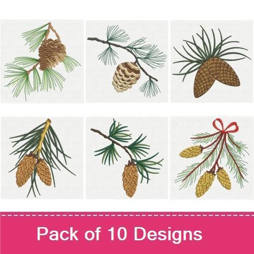 Pine Cone & Pine Needle Embroidery Designs Bundle – Pine Cone Branch, Single Pine Cone, Cluster of Pine Cones & More (10 Designs)