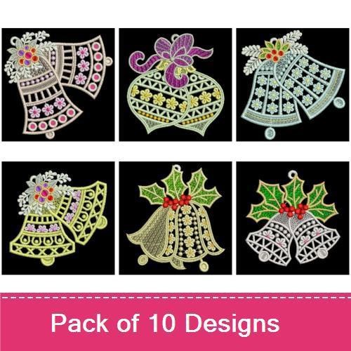 FSL Festive Christmas Bells Embroidery Designs Bundle – Holly Bell, Flower Bell, Bell with Stars & More (10 Designs)