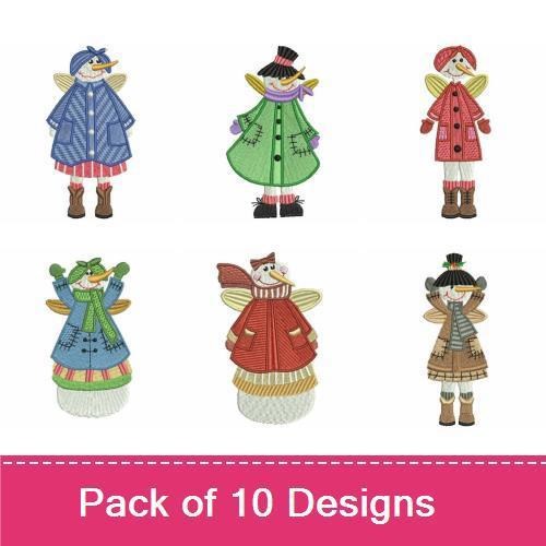 Snowman Angels Embroidery Bundle – Blue, Green, Red, Striped & More (10 Designs)