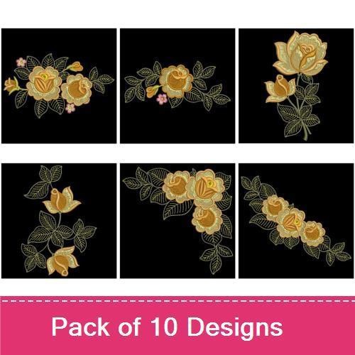 Golden Floral Embroidery Designs Bundle – Golden Rose Bouquet, Floral Vine with Golden Flowers, & More (10 Designs)