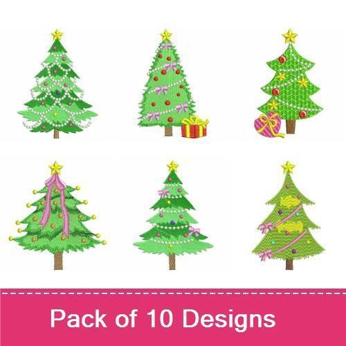 Festive Christmas Trees Embroidery Designs Bundle – Ornaments, Ribbons, Lights & More (10 Designs)